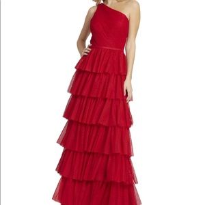 Elegant Red One-Shoulder Tiered Dress